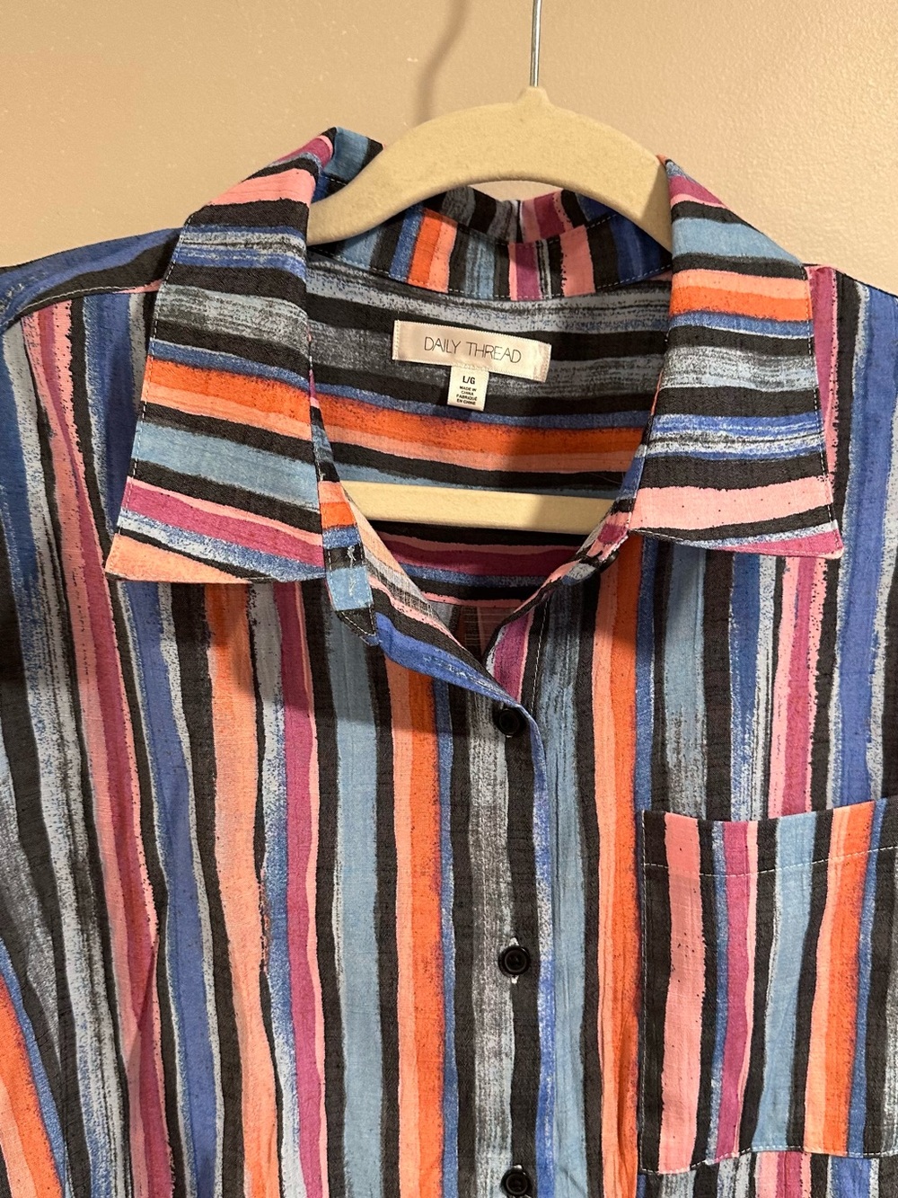 Daily Thread Multicolor Striped Button Down Top Ruched Tie Sleeves Rayon Blend L - Picture 6 of 14